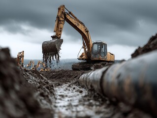 Construction Site Excavation: Large yellow excavator digs trench for pipe laying under a cloudy sky.