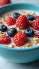 Close-up of breakfast cereal with berries, strawberries, blueberries and milk in a blue bowl