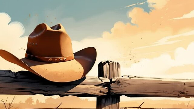 Sun-worn cowboy hat resting tilted on cracked wooden fence in golden light