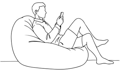 A person is sitting on a bean bag with looking at mobile phone, line art drawing. vector illustration
