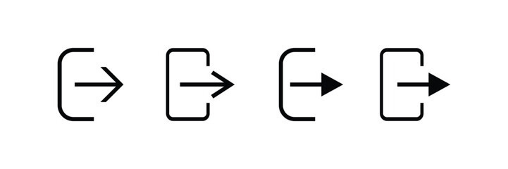 Logout button with arrow inside rounded rectangle set, black outline flat vector style, minimalist logout symbol collection for web mobile UI UX interface, modern sign out button design collection