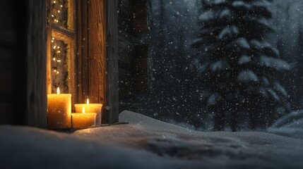 Snow gently falling outside a cottage window, while a candle trio glows inside.