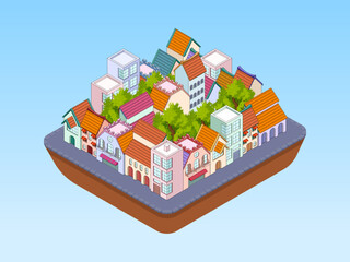 Isometric city landscape stock vector in gaming style, perfect for house building games. Features detailed buildings, roads, trees, and urban elements for a dynamic, top-down construction view.