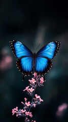 Vibrant blue butterfly perched on delicate pink flowers against a dark, blurred background
