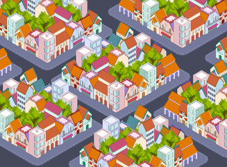 Isometric city landscape stock vector in gaming style, perfect for house building games. Features detailed buildings, roads, trees, and urban elements for a dynamic, top-down construction view.
