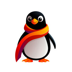 Fototapeta premium Cute cartoon penguin wearing colorful scarf stands cheerfully. vibrant colors add playful touch