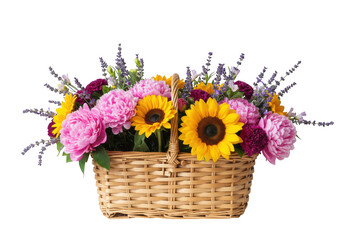 Fototapeta premium Basket with sunflowers and peonies isolated on transparent background