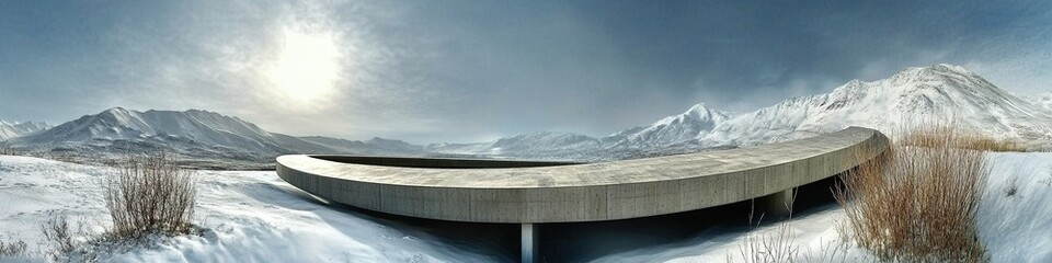 Futuristic Circular Rooftop with Striking Apex Overlooking Snowy Mountains. Modern Architectural Marvel Bathed in Sunlight Breaking Through Clouds. High-Resolution Surreal Commercial Background for Au