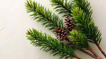 Obraz premium Close-up of pine branches with vibrant green needles clustered sharply together, accented by small brown cones nestled among the foliage