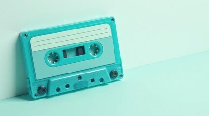 Obraz premium Retro Aqua Cassette Tape on a Light Blue Background A Nostalgic Minimalist Image