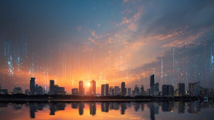 Fototapeta premium Digital city skyline at sunset