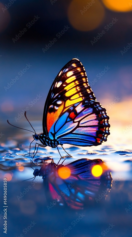 Poster vibrant butterfly with iridescent wings rests on a reflective surface, mirrored image visible, bokeh