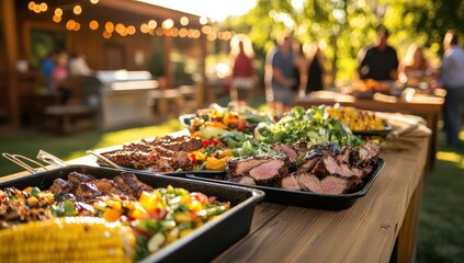 Obraz premium Delicious Grilled Meats and Summer Garden Buffet at an Outdoor Party