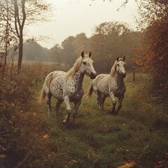 Fototapeta premium Two Spotted Horses Galloping Freely Through a Forest Glade in Autumn, Evoking a Sense of Wild Beauty and Untamed Spirit in a Misty, Natural Setting.