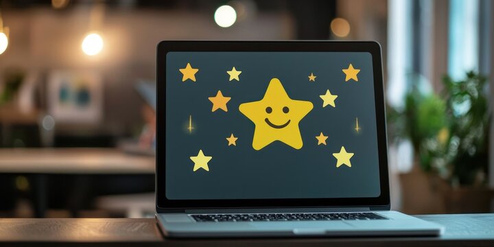 Review interface with emoji and stars on laptop Stock photo