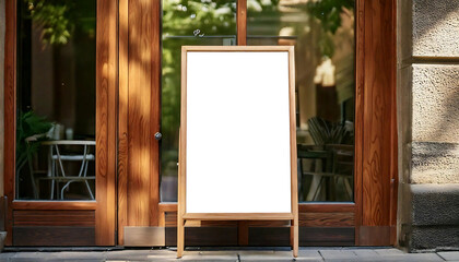 Blank A-Frame Mockup Perfect for Restaurant, Cafe, or Shop Signage Design.  Showcase your menu, promotions, or brand message with this realistic wooden mockup.