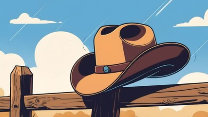 Cartoon cowboy hat on fence post under sunny afternoon sky with vibrant style