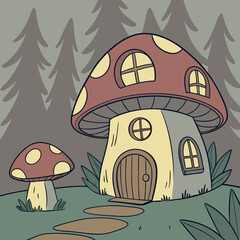 Whimsical Mushroom House in the Forest Cute Fantasy Cottage Vector Illustration