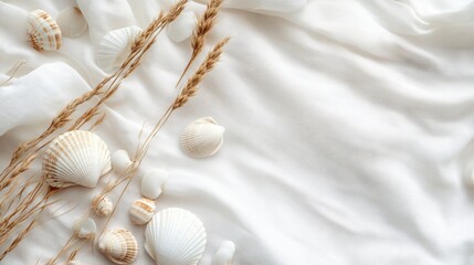 Obraz premium Elegant still life of natural elements on a soft white fabric background coastal inspired photography calm environment close-up view serenity