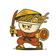 Obraz premium Cartoon Ramen Fighter with Sword and Shield