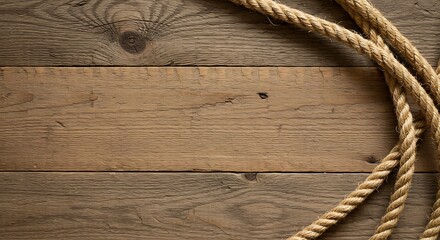 A thick, natural fiber rope rests on textured, weathered wooden planks. This rustic scene evokes nautical themes, strength, and traditional craftsmanship.