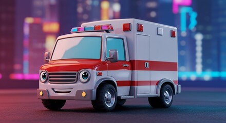 Friendly Cartoon Ambulance in City Nightscape A Cheerful 3D Render