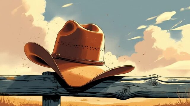Tilted cowboy hat resting on weathered fence, sunlit in afternoon glow