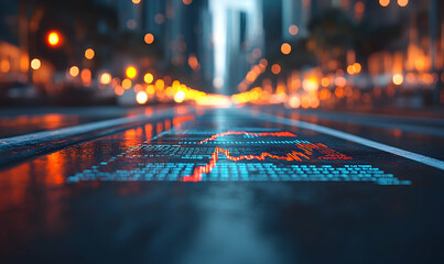 City street with bright lights & data graph reflection, creating a modern, tech-focused abstract scene