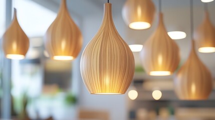 Fototapeta premium Warm Ambient Lighting: Wooden Pendant Lamps Illuminate Modern Interior