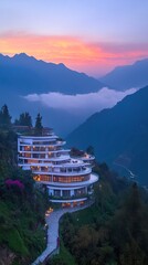 Majestic Circular Hotel Nestled in Mountains Bathed in Golden Sunset. Aerial View of Modern Architecture Enveloped by Misty Landscape. Cinematic Atmosphere for Luxury Car Advertisement Background