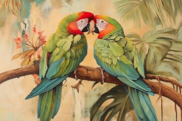 Photograph of two green macaw parrots in love, perched on a tree branch with a tropical background. 