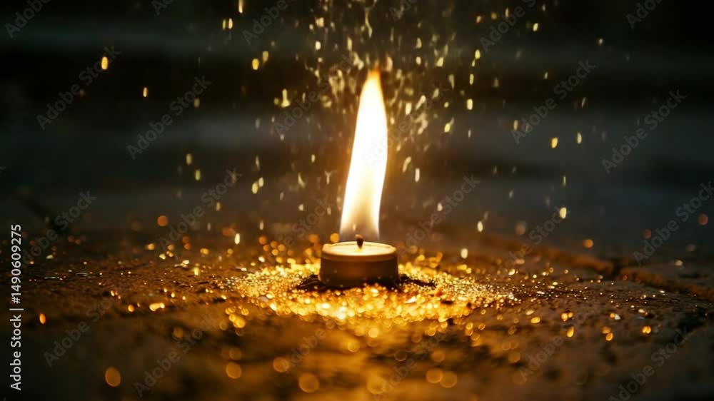 Poster warm glow of flickering candle flame illuminates dark space, creating magical atmosphere with shimme
