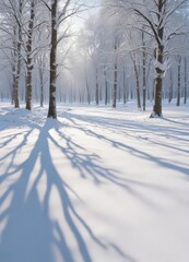 Snow-covered trees and ground, deep winter scene  Shadows lengthen across a vast expanse ,  snowy,  shadow