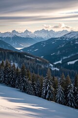 Fototapeta premium skiers on a snowy slope with mountains in the background