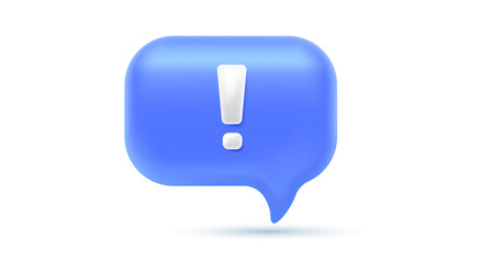 Vector illustration of realistic text speech bubble with exclamation mark. 3d cartoon style design of help information blue color speech bubble. Social media symbol of communication and support icon