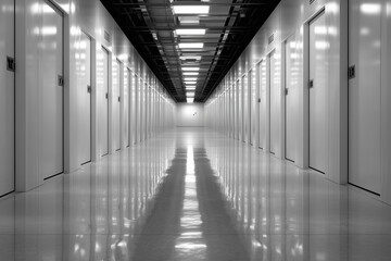 Fototapeta premium Long Reflective Corridor with Closed Doors and Bright Lights