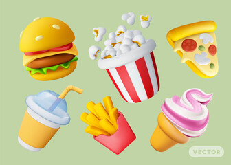 French fries, ice cream, burger, pizza, pop corn and cola. 3d style design of fast food fries, ice cream, pop corn, pizza, hamburger and soda. Vector illustration of realistic set of fast food icon