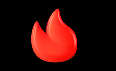 Obraz premium Vector illustration of red color glossy emoji fire on black background. Bonfire or campfire flame symbol. 3d cartoon style design of burning flame of fire