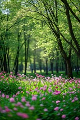 a close up of a field of flowers with trees in the background