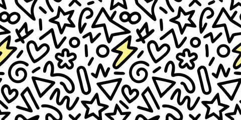 Abstract 90s Style Seamless Pattern: Black & Yellow Doodle Background