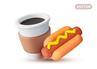 Vector illustration of realistic paper coffee cup and hot dog with mustard sauce. 3d style cartoon design of takeaway coffee cup with roast sausage in bun. Street meat fast food and drink