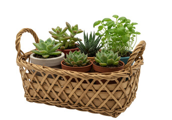 Fototapeta premium Succulents and herbs in a basket isolated on transparent background