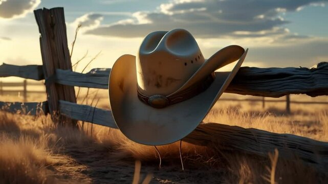 Cinematic cowboy hat slumped on rugged fence under soft afternoon sunlight
