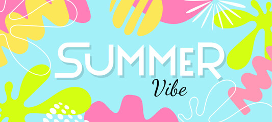 Vector cartoon illustration of summer geometric background with tropical leaves, line and shape. Flat creative seasonal style design of template with summer text and abstract spot