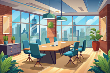 High-end modern office meeting room with floor-to-ceiling glass windows offering a panoramic city skyline view. The stylish interior features a large wooden conference table, contemporary leather chai
