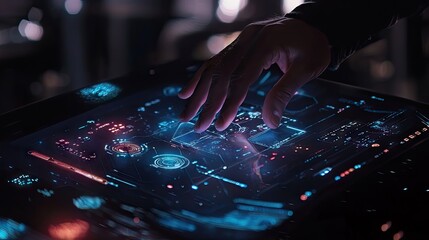 Close-up of a hand interacting with a futuristic touch screen.