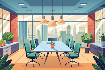 High-end modern office meeting room with floor-to-ceiling glass windows offering a panoramic city skyline view. The stylish interior features a large wooden conference table, contemporary leather chai