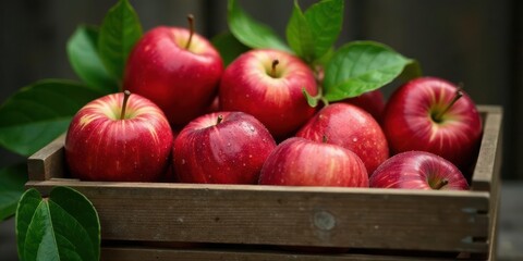 A rustic wooden crate overflowing with vibrant, juicy red apples, glistening with dew drops, nestled amongst lush green leaves.