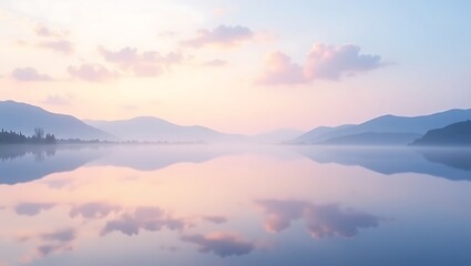 Serene Sunrise Landscape Misty Lake and Mountain Reflection