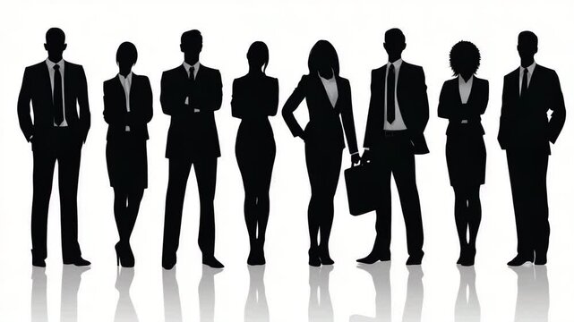 Minimal vector-style silhouettes of a group of standing business professionals, including men and women, all in black color with clean, sharp outlines. Isolated on a white background. 
